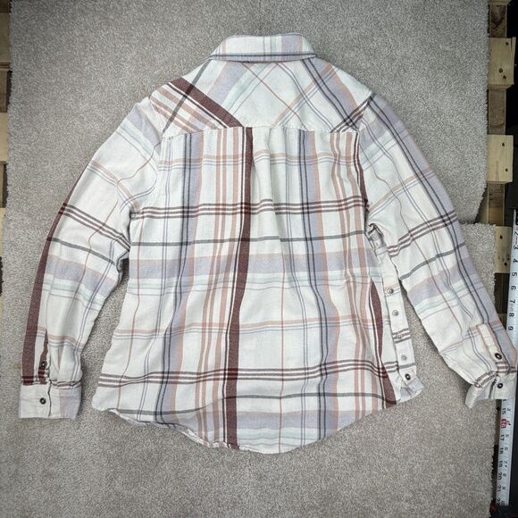 Shayanne high low button down long sleeves embroidered floral plaid blouse sz L - Picture 6 of 7